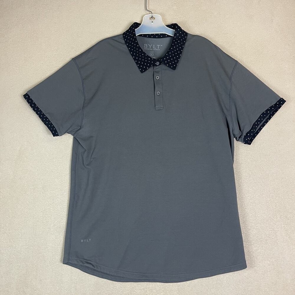 Bylt Basics Polo Shirt Mens XL Gray Lux Short Sleeve Polka Dots‎ Caller Stretch